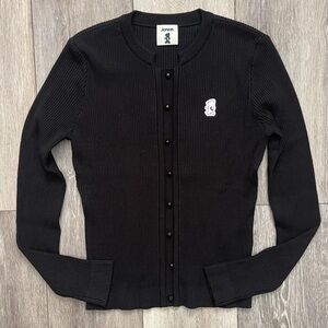 EUC $196 Aven Black Button Round Neck Ribbed Knit Long Sleeve Top Size 1 SMALL